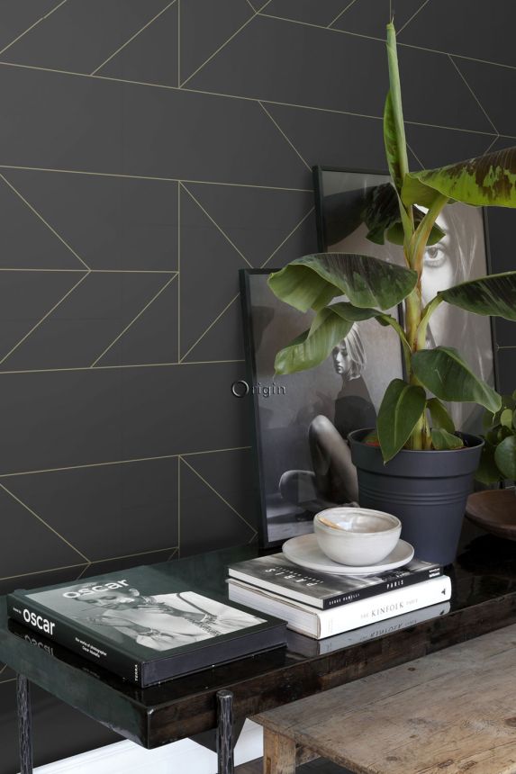 Černá geometrická vliesová tapeta, zlaté linie 347726, City Chic, Origin 