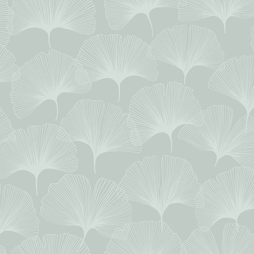 Metalická zelená vliesová tapeta, matné obrysy listů Ginkga 347748, City Chic, Origin 