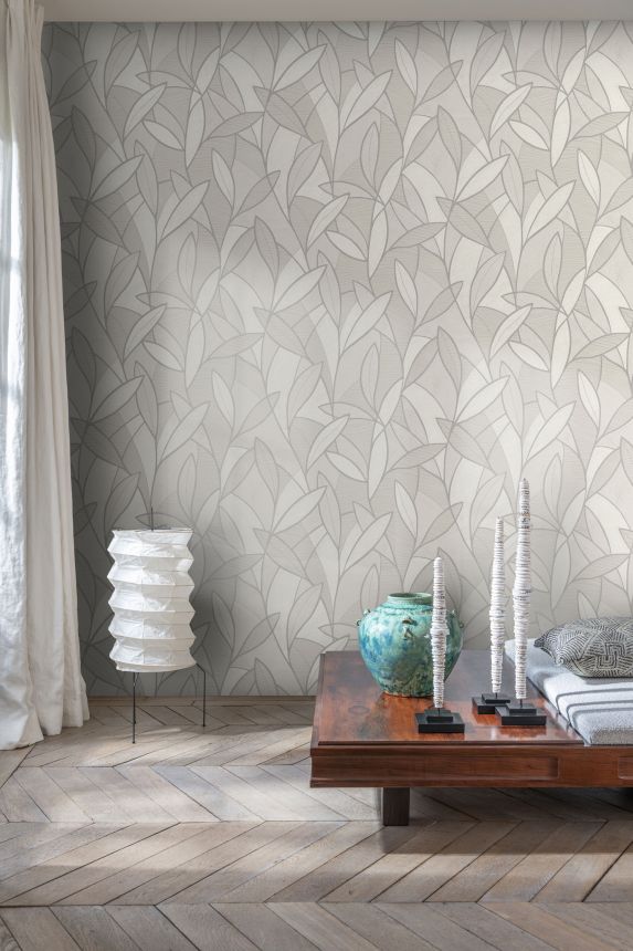 Šedo-stříbrná vliesová tapeta s listy,  AL26230, Allure, Decoprint