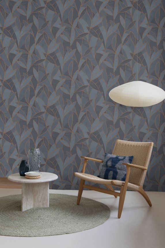 Modro-bronzová vliesová tapeta s listy,  AL26232, Allure, Decoprint