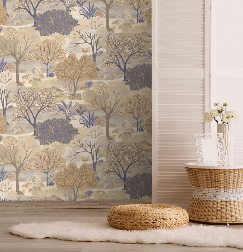 Modro-béžová vliesová tapeta na zeď, stromy,  AL26250, Allure, Decoprint