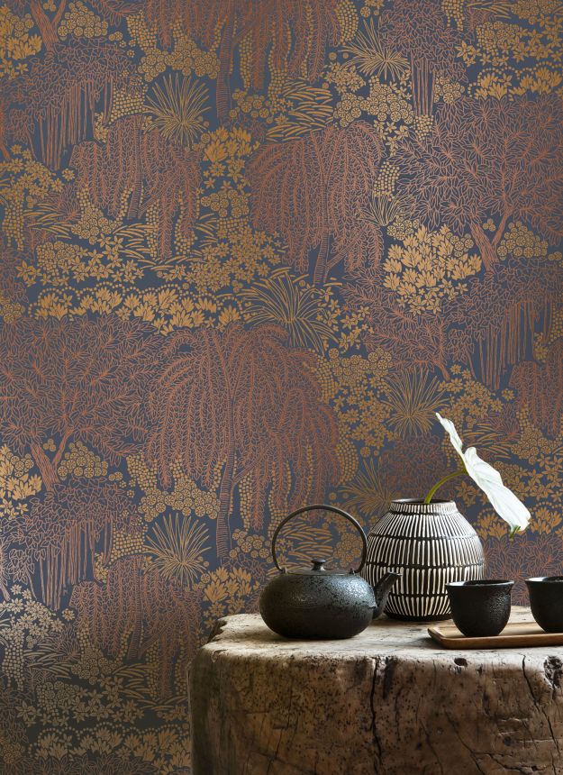 Modro-bronzová vliesová tapeta na zeď, stromy,  listy, AL26264, Allure, Decoprint