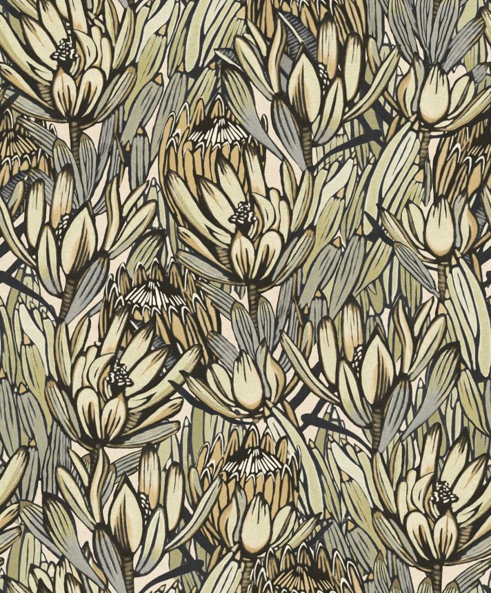 Šedo-béžová květinová vliesová tapeta na zeď, BA26030,  Brazil,  Decoprint