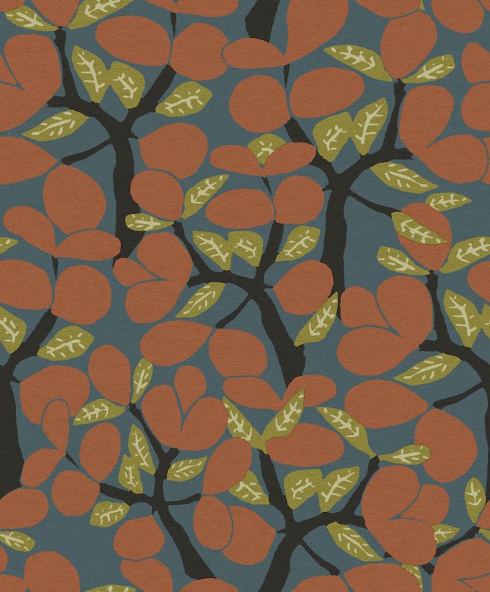 Modro-oranžová vliesová tapeta na zeď, větvičky, stromy, BA26053,  Brazil,  Decoprint