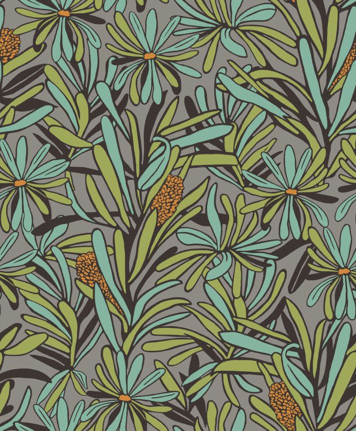 Zeleno-šedá květinová vliesová tapeta na zeď, BA26071,  Brazil,  Decoprint
