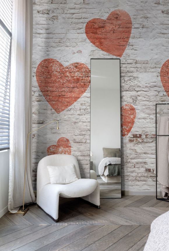 Vliesová fototapeta na zeď, srdíčka, cihlová zeď,  ML2301 Mural Joung edition Grandeco