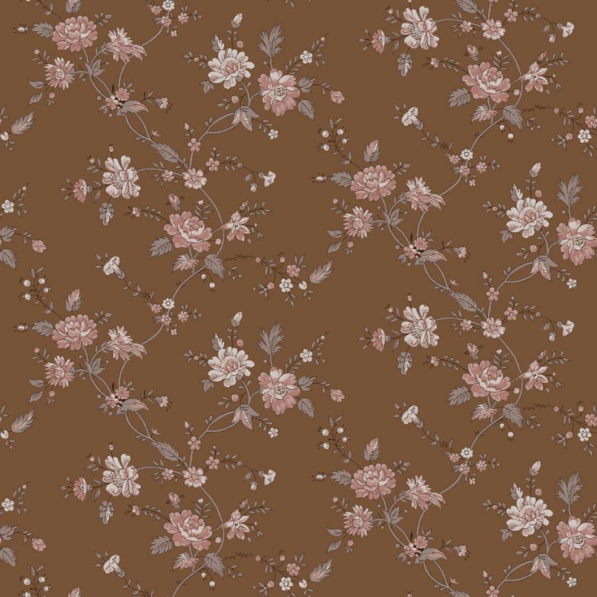 Hnědá vliesová květinová tapeta na zeď, 139286, Vintage Flowers, Esta Home