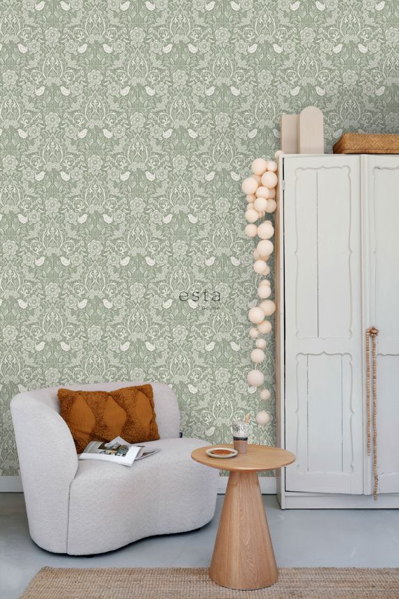 Zelená vliesová tapeta s rostlinami a ptáčky, 139293, Vintage Flowers, Esta Home