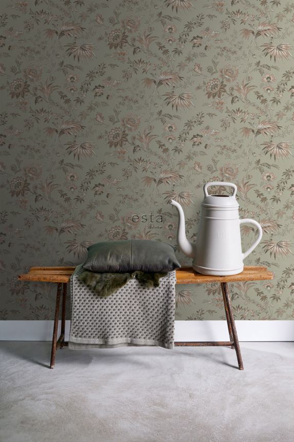 Zelená vliesová květinová tapeta na zeď, 139297, Vintage Flowers, Esta Home