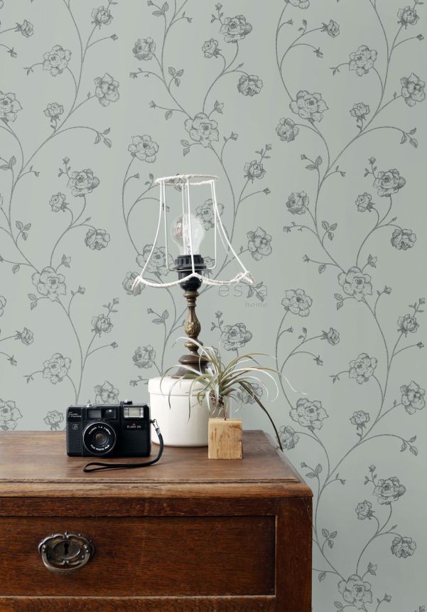 Zelená vliesová květinová tapeta na zeď, 139314, Vintage Flowers, Esta Home