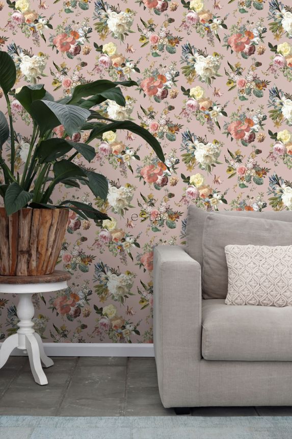 Růžová vliesová květinová tapeta na zeď, 139367, Vintage Flowers, Esta Home
