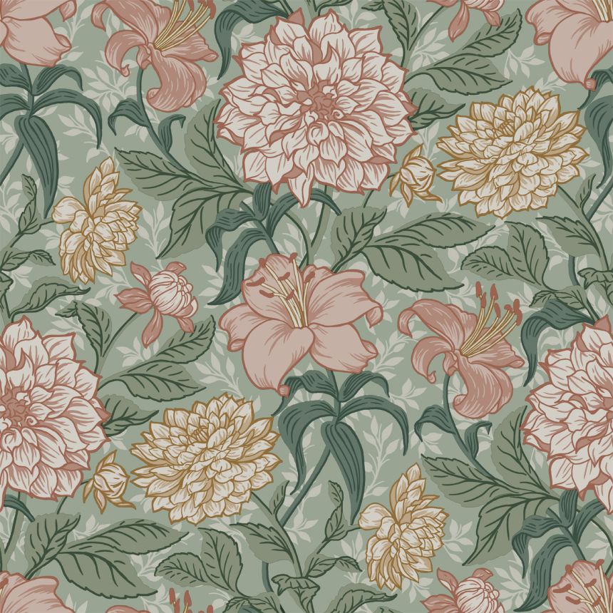 Zelená vliesová tapeta s květinami, 139378, Vintage Flowers, Esta Home