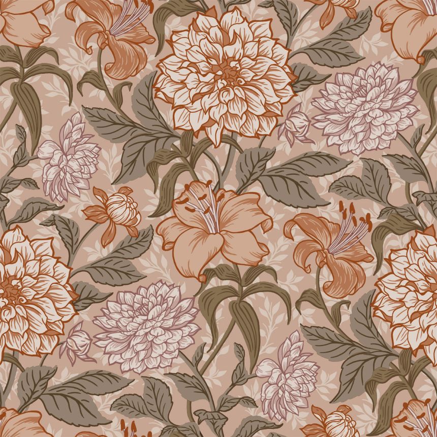 Béžová vliesová květinová tapeta na zeď, 139380, Vintage Flowers, Esta Home