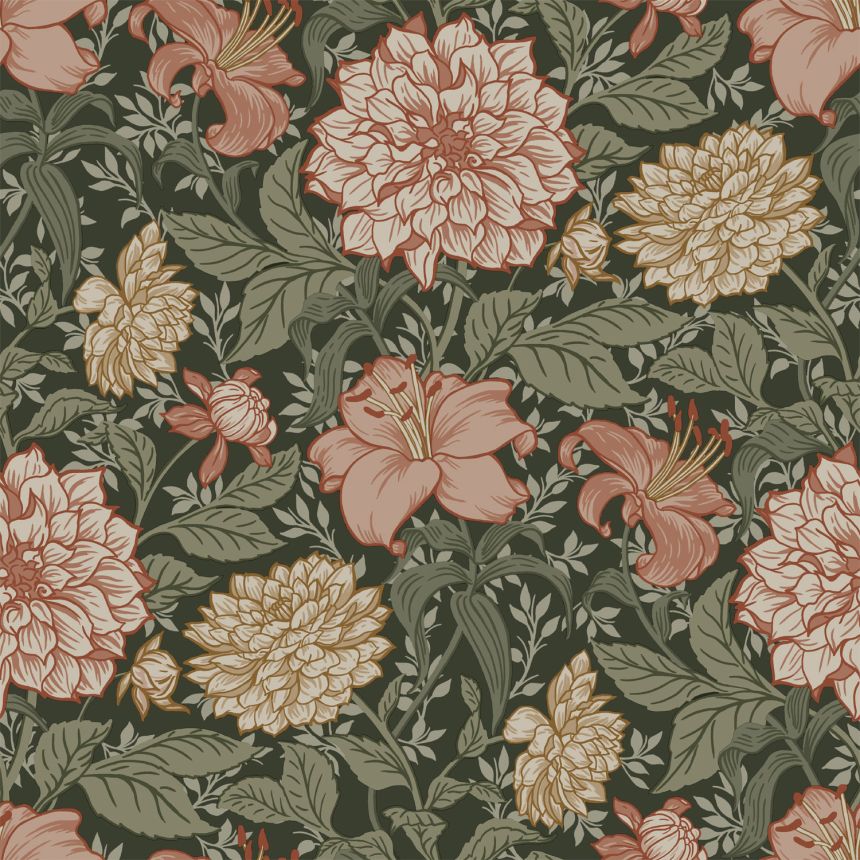 Černá vliesová květinová tapeta na zeď, 139381, Vintage Flowers, Esta Home