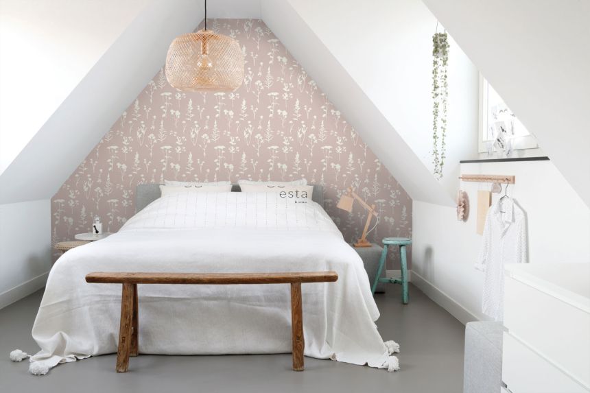 Růžová vliesová tapeta na zeď, květiny, listy, 139393, Vintage Flowers, Esta Home