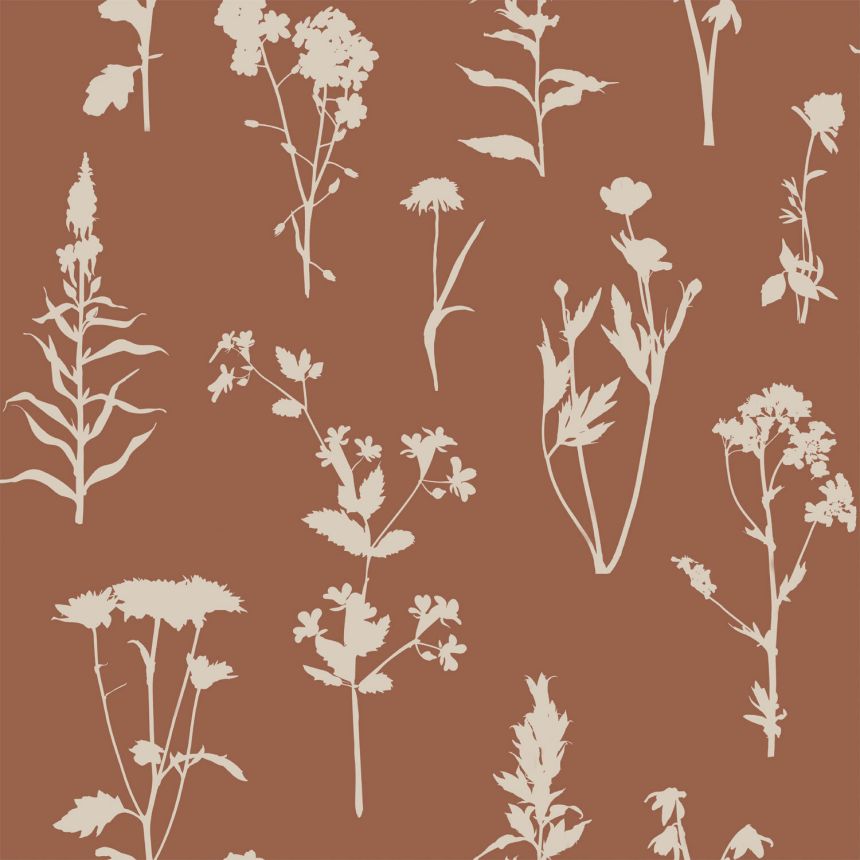 Terakota/ hnědá vliesová tapeta na zeď, květiny, listy, 139396, Vintage Flowers, Esta Home