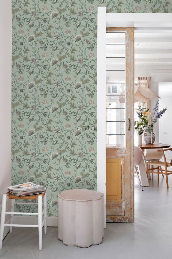 Šedo-modrá vliesová květinová tapeta na zeď, 139413, Vintage Flowers, Esta Home