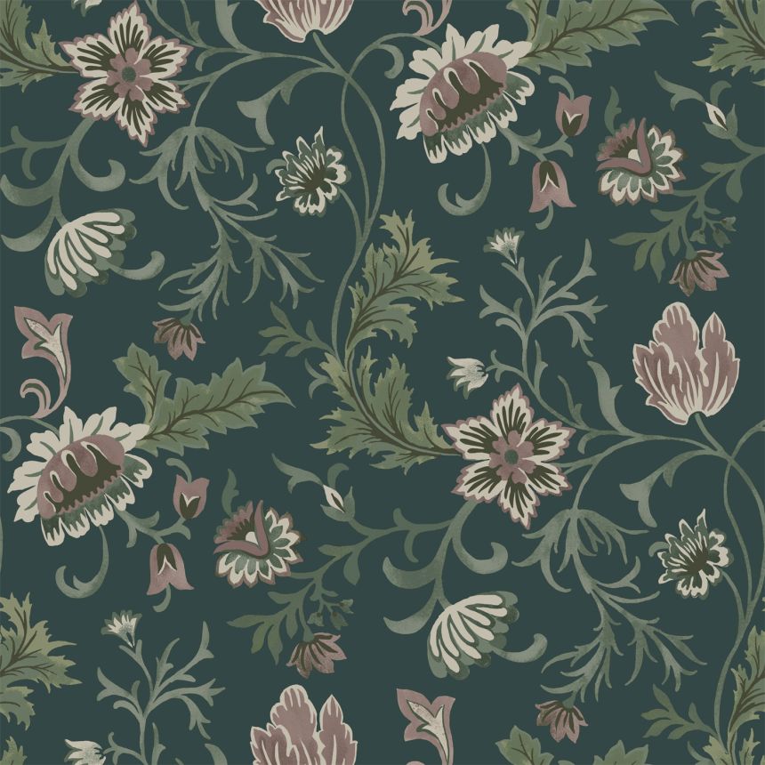 Zelená vliesová květinová tapeta na zeď, 139415, Vintage Flowers, Esta Home