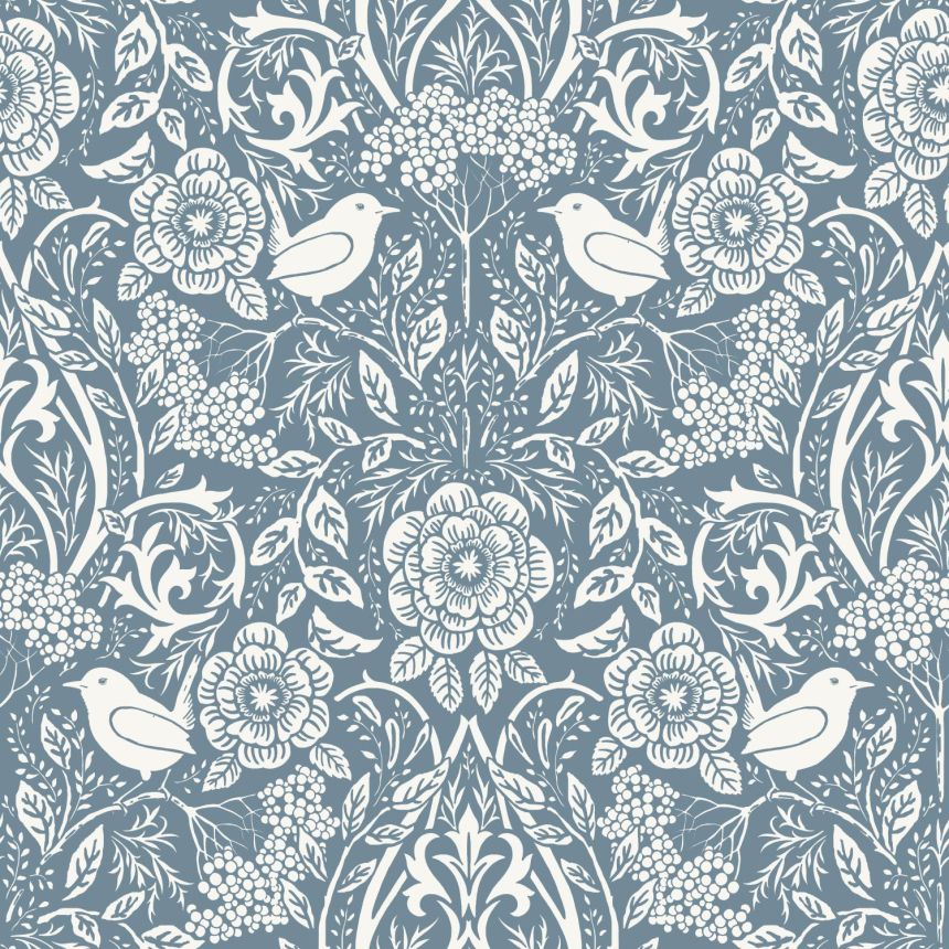 Modrá vliesová tapeta s rostlinami a ptáčky, 139477, Vintage Flowers, Esta Home