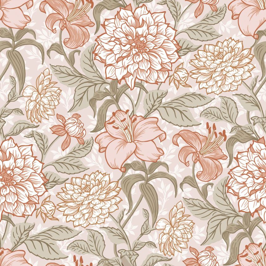 Béžová vliesová květinová tapeta na zeď, 139479, Vintage Flowers, Esta Home