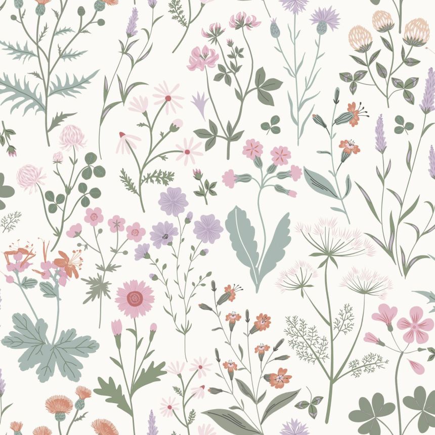 Bílá vliesová tapeta na zeď, luční květiny, 139482, Bloom, Vintage Flowers, Esta Home