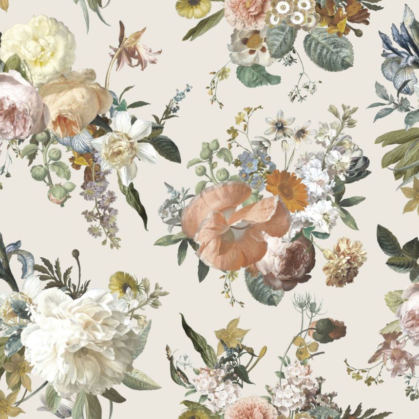 Krémová vliesová květinová tapeta na zeď, 139544, Vintage Flowers, Esta Home
