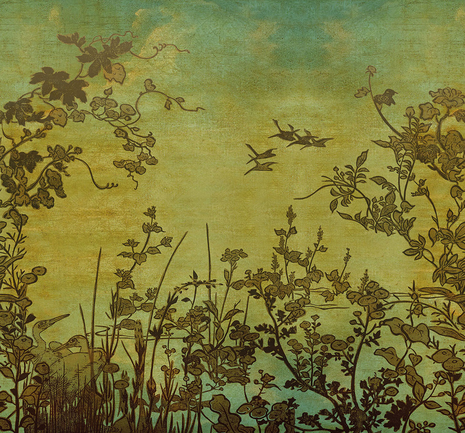 Vliesová fototapeta na zeď, Jeřábi za úsvitu, 333470, Emerald, Eijffinger