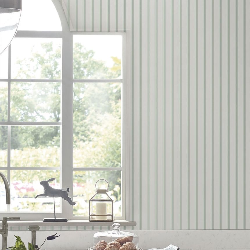 Bílo-zelená proužkovaná vliesová tapeta na zeď, 118483, Laura Ashley 3