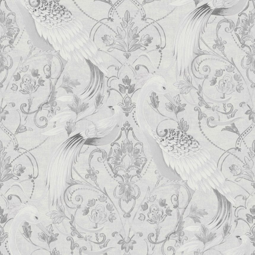 Zámecká vliesová tapeta na zeď, šedo-stříbrná, ornamenty, ptáci, 119868, Laura Ashley 3, Laura Ashley Signature