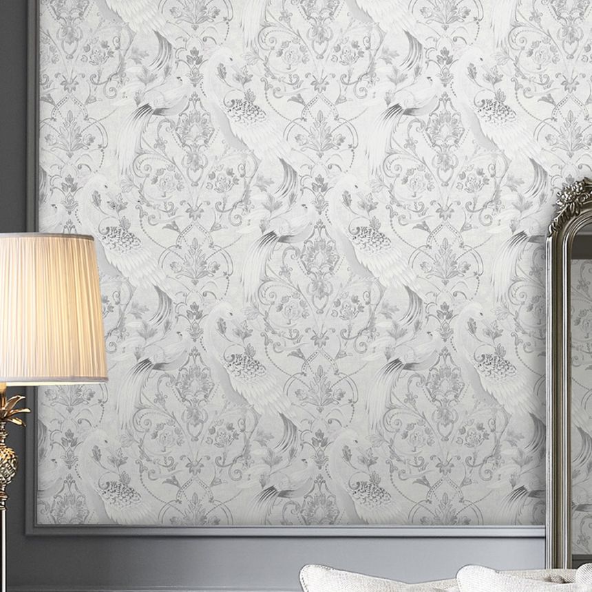 Zámecká vliesová tapeta na zeď, šedo-stříbrná, ornamenty, ptáci, 119868, Laura Ashley 3, Laura Ashley Signature
