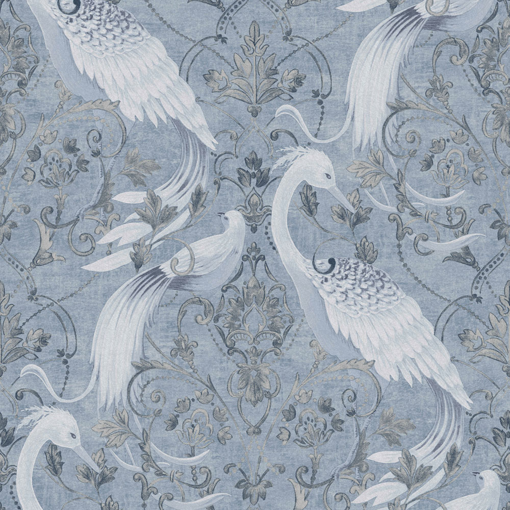 Zámecká vliesová tapeta na zeď, modro-stříbrná, ornamenty, ptáci, 120132, Laura Ashley 3, Laura Ashley Signature
