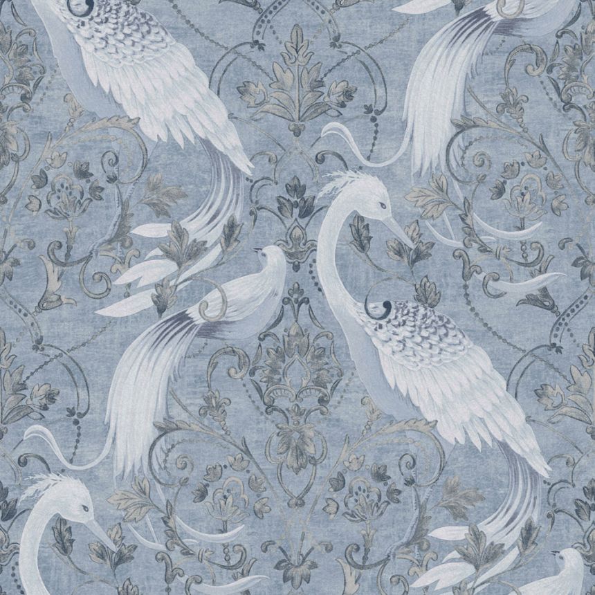 Zámecká vliesová tapeta na zeď, modro-stříbrná, ornamenty, ptáci, 120132, Laura Ashley 3, Laura Ashley Signature