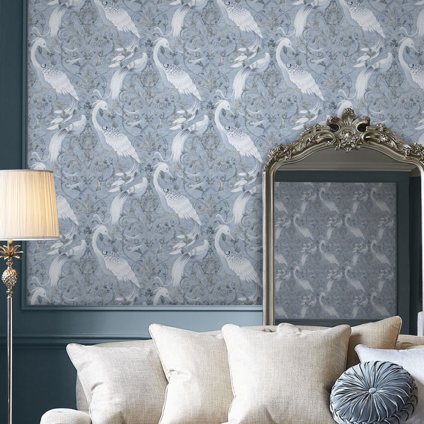 Zámecká vliesová tapeta na zeď, modro-stříbrná, ornamenty, ptáci, 120132, Laura Ashley 3, Laura Ashley Signature