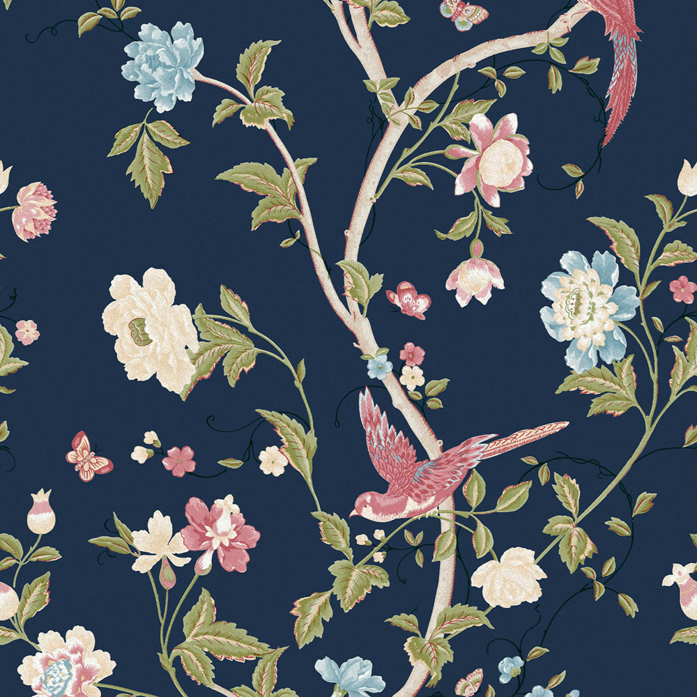 Vliesová tapeta na zeď, modrá, květiny, motýli a ptáci, 120134, Laura Ashley 3, Laura Ashley Signature