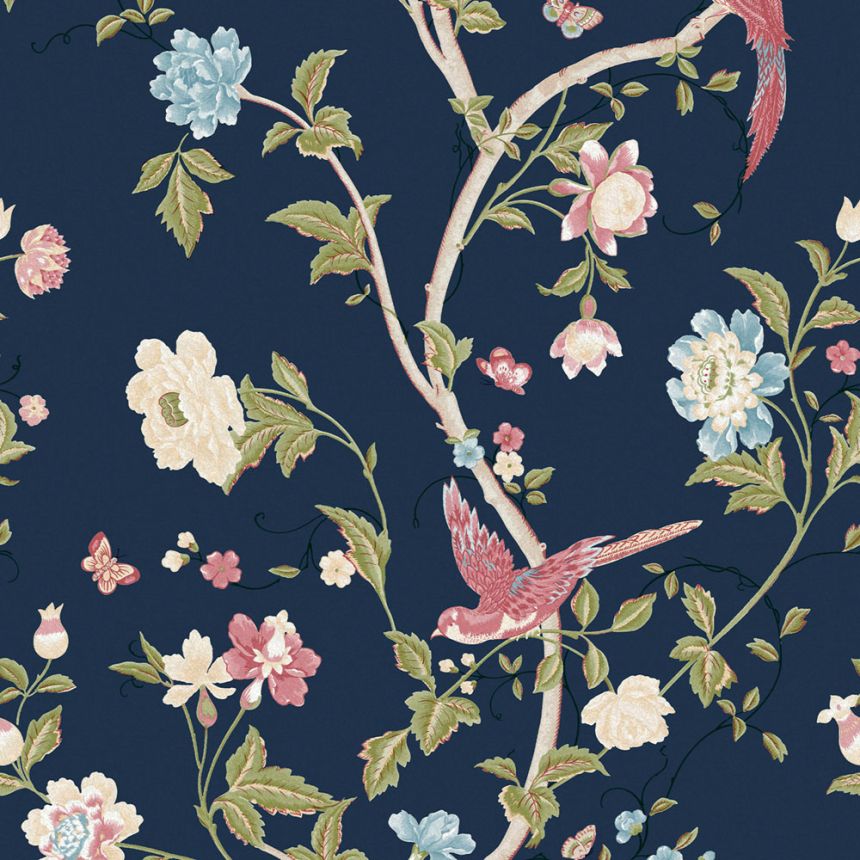 Vliesová tapeta na zeď, modrá, květiny, motýli a ptáci, 120134, Laura Ashley 3, Laura Ashley Signature