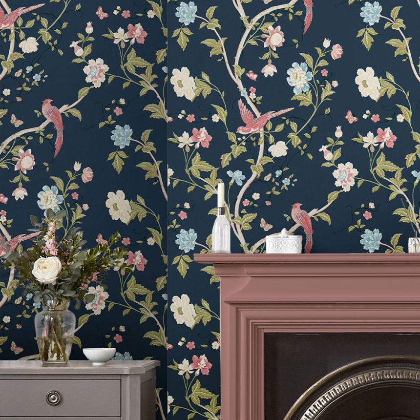 Vliesová tapeta na zeď, modrá, květiny, motýli a ptáci, 120134, Laura Ashley 3, Laura Ashley Signature