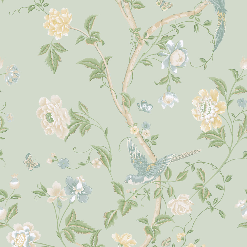Vliesová tapeta na zeď, modro-zelená, květiny, ptáčci, 121407, Laura Ashley 3, Laura Ashley Signature