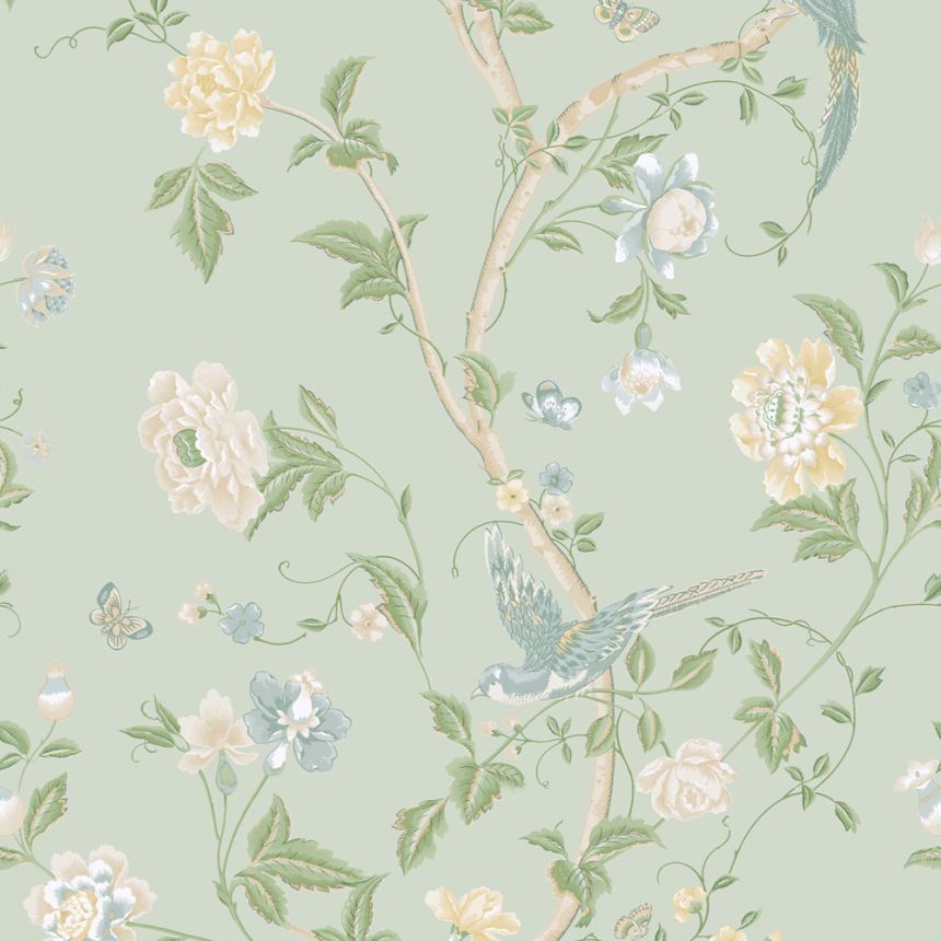 Vliesová tapeta na zeď, modro-zelená, květiny, ptáčci, 121407, Laura Ashley 3, Laura Ashley Signature