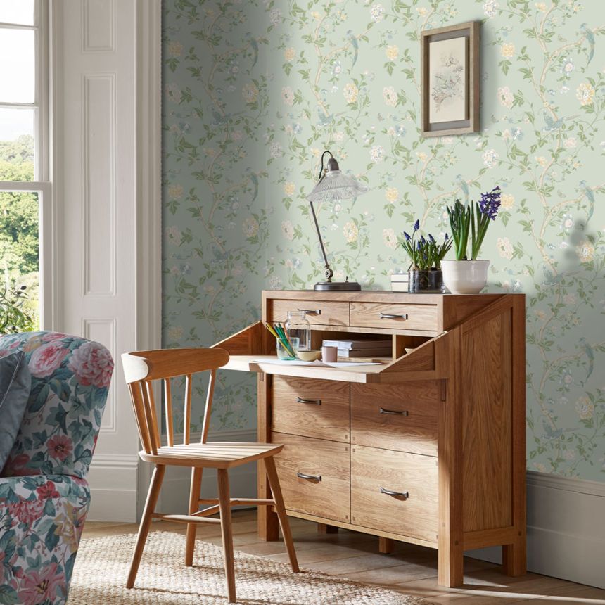Vliesová tapeta na zeď, modro-zelená, květiny, ptáčci, 121407, Laura Ashley 3, Laura Ashley Signature