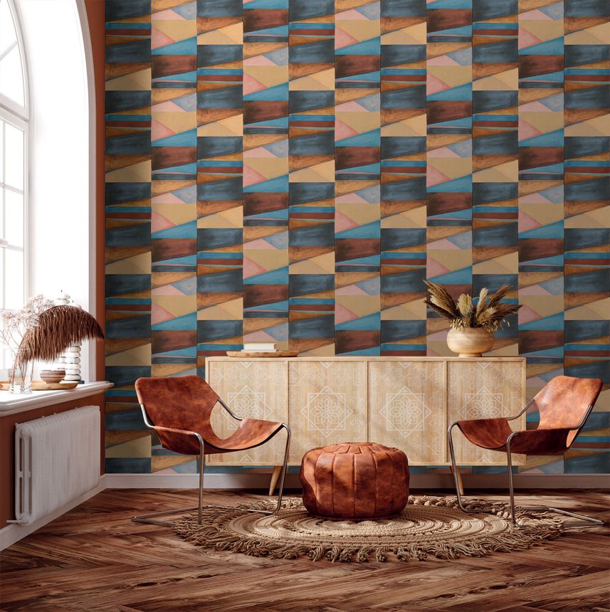 Geometrická vliesová tapeta na zeď, modrá, hnědá, SO27030, Soleado, Decoprint