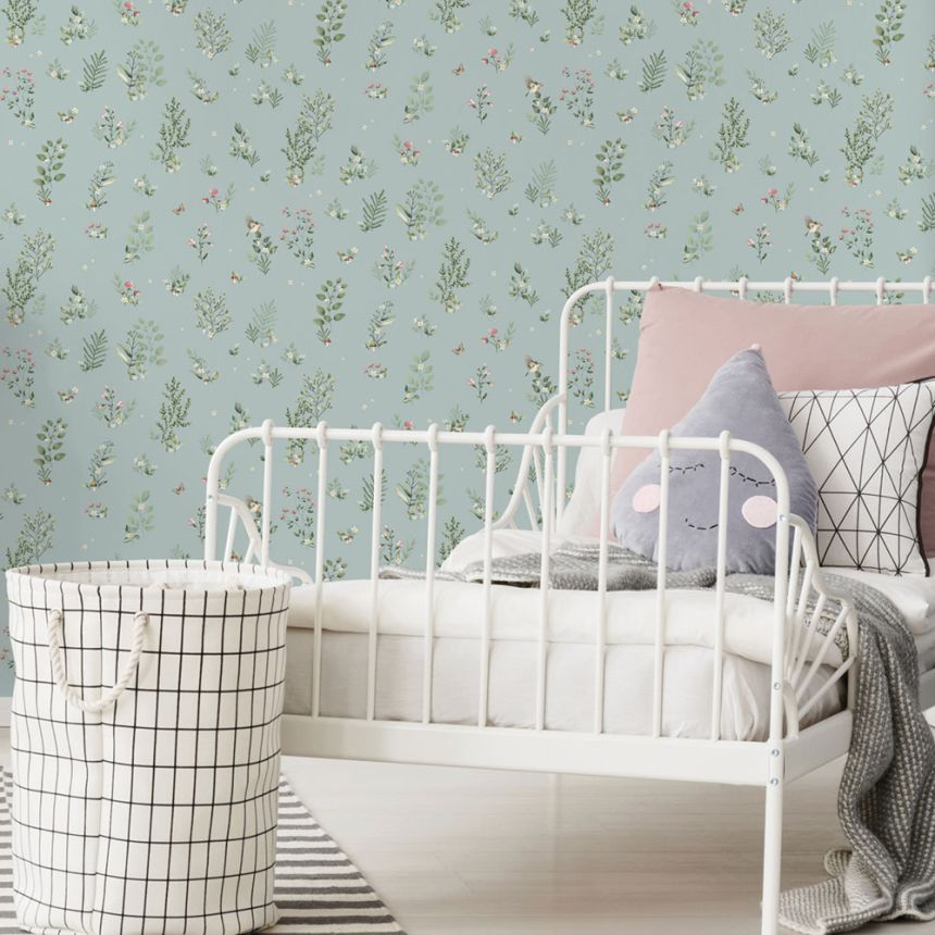 Tyrkysová vliesová tapeta s rostlinami a ptáčky, 973-2, Mika,  ICH Wallcoverings