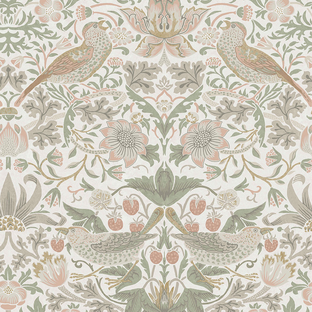 Vliesová tapeta na zeď, zeleno-růžová, květiny, ptáci, 124233, William Morris At Home