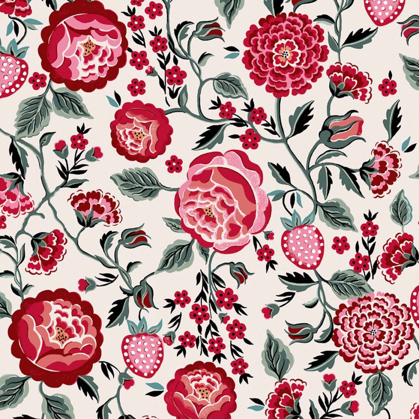 Vliesová tapeta na zeď, červená, zelená, květiny, jahody, 125497, Cath Kidstone