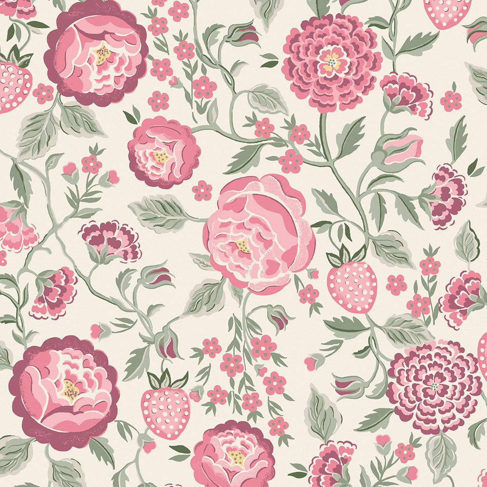 Vliesová tapeta na zeď, růžová, zelená, květiny, jahody, 125499, Cath Kidstone