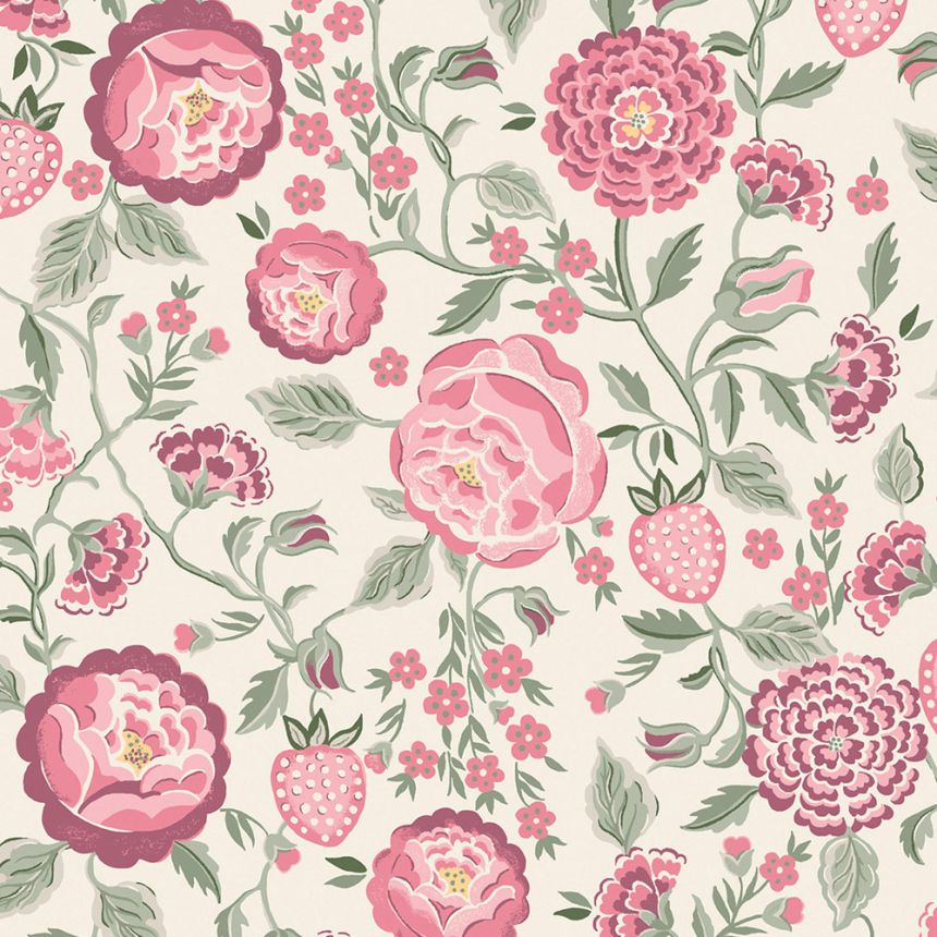 Vliesová tapeta na zeď, růžová, zelená, květiny, jahody, 125499, Cath Kidstone