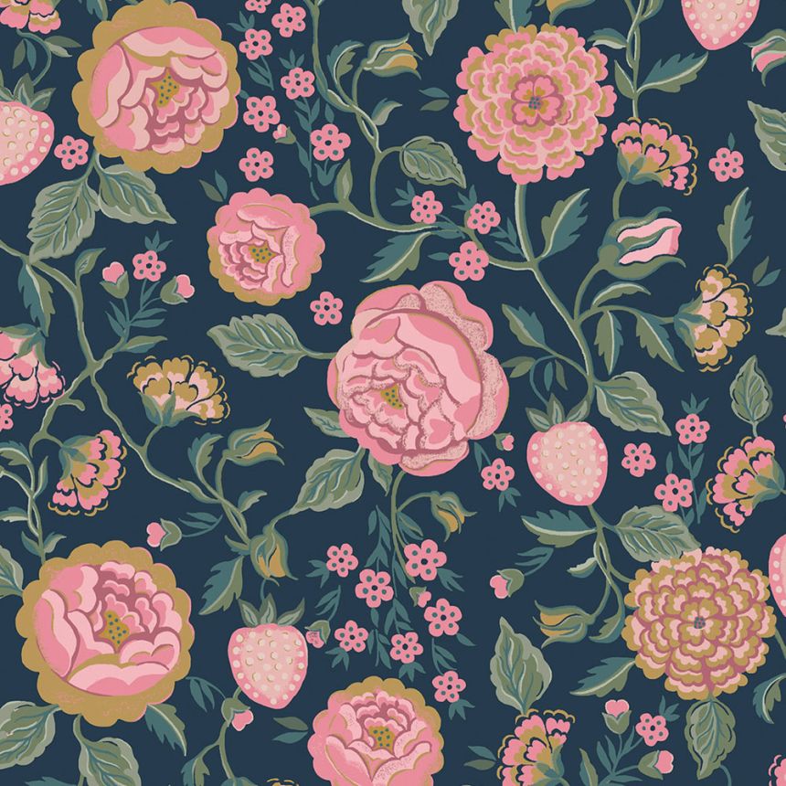Vliesová tapeta na zeď, modrá, růžová, květiny, jahody, 125500, Cath Kidstone