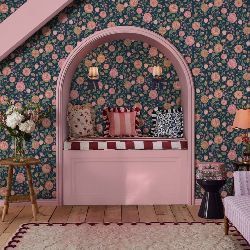 Vliesová tapeta na zeď, modrá, růžová, květiny, jahody, 125500, Cath Kidstone