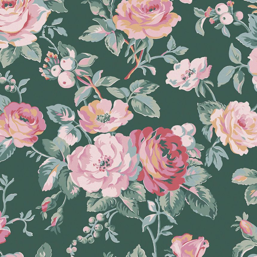 Vliesová tapeta na zeď, zelená, růžová, květiny,  růže, 125502, Cath Kidstone