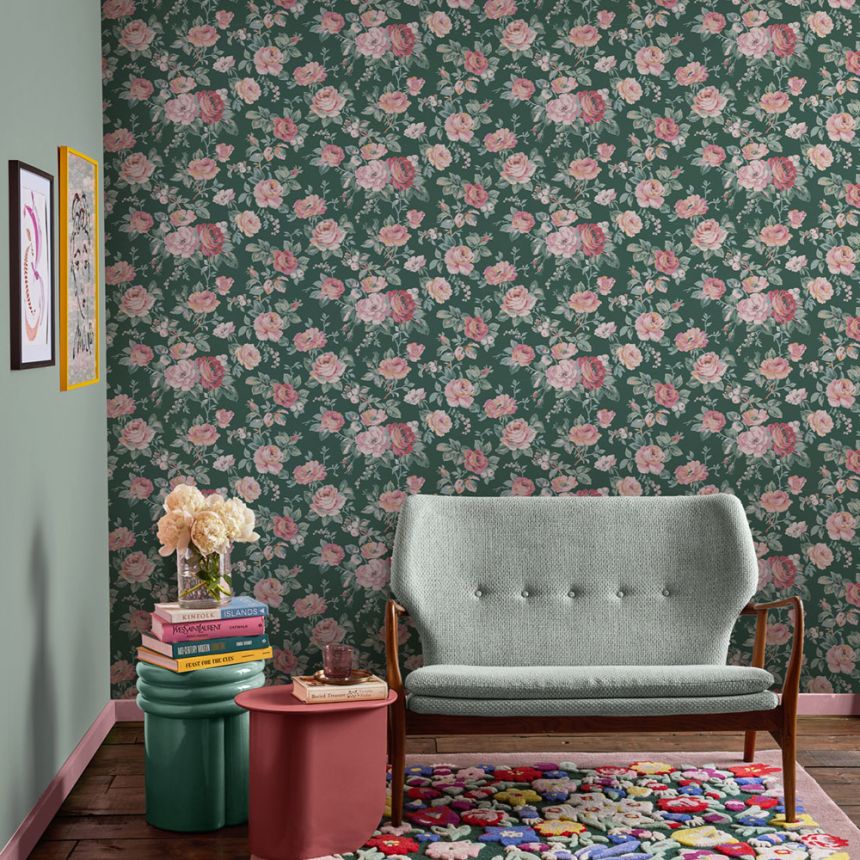 Vliesová tapeta na zeď, zelená, růžová, květiny,  růže, 125502, Cath Kidstone