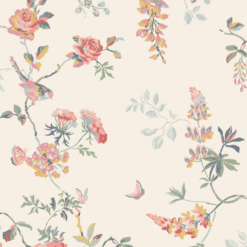 Vliesová tapeta na zeď, zelená, růžová, květiny, motýli, 125503, Cath Kidstone